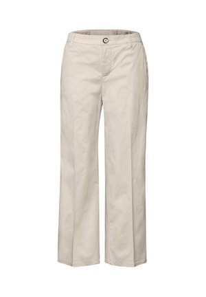 Pantalones beige de pierna recta con cierre de botones, trabillas para cinturón y bolsillos laterales, confeccionados en tela lisa.