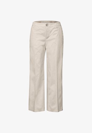 Pantaloni beige a gamba dritta con chiusura a bottone, passanti per cintura e tasche laterali, realizzati in tessuto liscio.