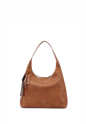 Borsa a tracolla in pelle marrone con una singola tracolla, perline decorative e nappine su un lato, e piccolo logo vicino al centro inferiore.