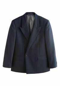 Blazer croisé bleu marine avec revers à pointe, quatre boutons noirs, deux poches avant à rabat et une doublure grise lisse.