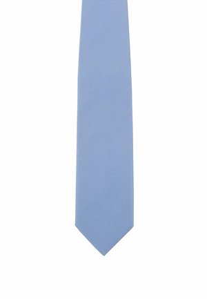 Light blue tie with a smooth texture and subtle ribbed pattern, featuring a pointed end and a classic design for formal wear.