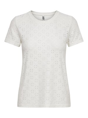 White short-sleeve T-shirt with patterned eyelet fabric featuring diamond shapes and small cutouts. Round neckline and soft texture.