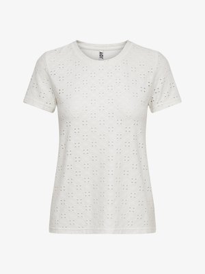 White short-sleeve T-shirt with patterned eyelet fabric featuring diamond shapes and small cutouts. Round neckline and soft texture.