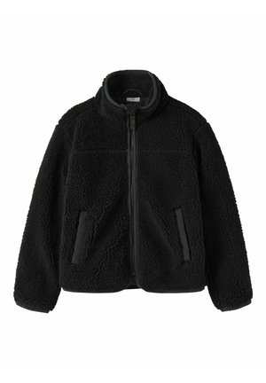 Zwarte fleecejas met volledige ritssluiting, hoge kraag, twee zijzakken met bies en een gestructureerde zachte sherpa stof.