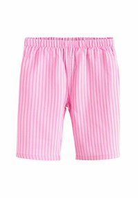 Pink striped shorts with an elastic waistband, featuring alternating vertical white stripes and a smooth cotton texture.