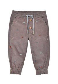 Gray corduroy pants with elastic waistband, drawstring, and wooden buttons. Features colorful embroidered patterns and elastic cuffs.