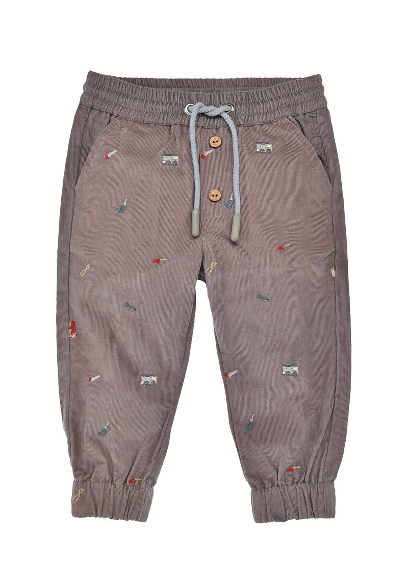 Gray corduroy pants with elastic waistband, drawstring, and wooden buttons. Features colorful embroidered patterns and elastic cuffs.