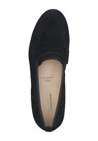 Black suede slip-on shoe with a rounded toe and decorative bow accent. Features soft lining and cushioned insole for comfort.