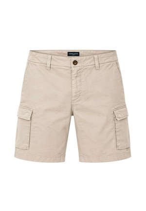 Short cargo beige da uomo con tasche laterali a patta, passanti per cintura, chiusura con bottone e piccola etichetta marchiata al centro della vita.