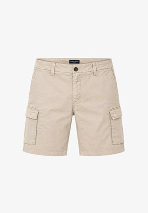 Short cargo beige da uomo con tasche laterali a patta, passanti per cintura, chiusura con bottone e piccola etichetta marchiata al centro della vita.