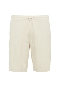 Pantalones cortos de color beige claro, hechos de una suave tela texturizada. Presenta una cinturilla elástica con cordón y bolsillos en las costuras laterales.