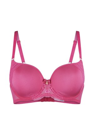 Roze bh met gladde, gewatteerde cups, kantdetails in het midden, verstelbare satijnen banden en accenten van goudkleurig metaal.