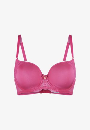 Roze bh met gladde, gewatteerde cups, kantdetails in het midden, verstelbare satijnen banden en accenten van goudkleurig metaal.