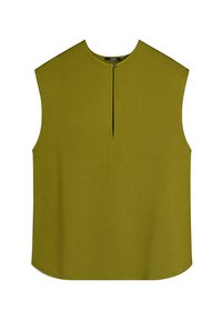 Bezrękawnik w oliwkowym kolorze, wykonany z wytrzymałej tkaniny, z wysokim dekoltem oraz centralnym zapięciem na guziki z przodu.