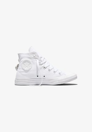 Baskets montantes Converse All Star blanches avec lacets, semelle en caoutchouc et écusson logo sur la cheville, vues de profil sur fond blanc.