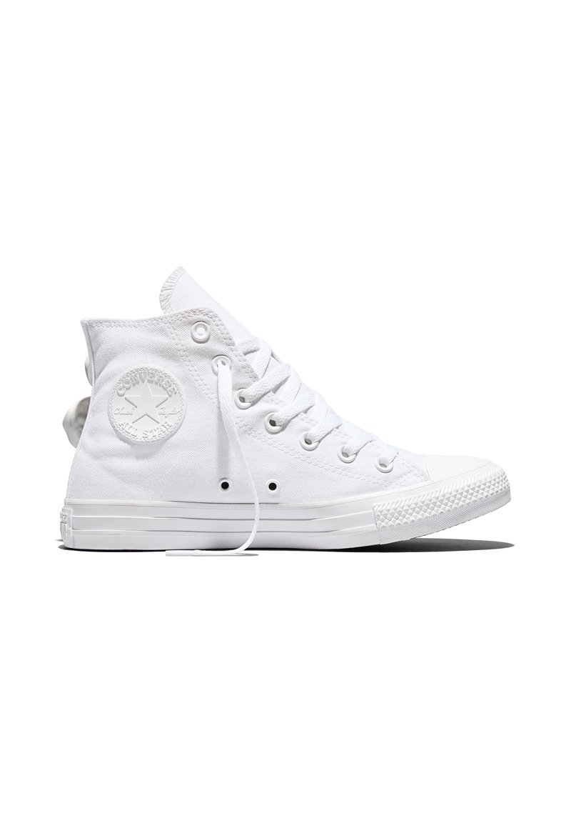 Witte hoge Converse All Star sneaker met veters, rubberen zool en logo patch op de enkel, zijaanzicht op een witte achtergrond.