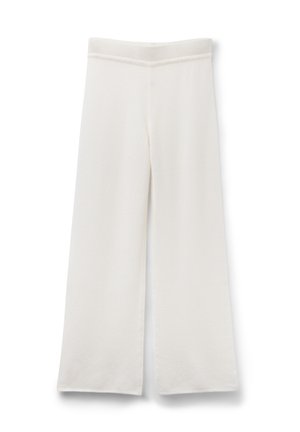 Witte hooggewaist gebreide broek met wijde benen en een elastische tailleband, gepresenteerd tegen een witte achtergrond.