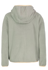 Sudadera de felpa verde claro con una superficie texturizada, que cuenta con una capucha y un borde color crema a lo largo del dobladillo y los puños.