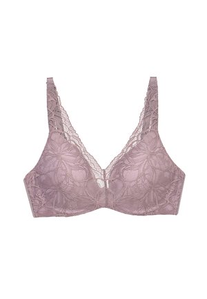 Koronkowy biustonosz w stonowanym odcieniu mauve z kwiatowymi wzorami, szerokimi regulowanymi ramiączkami i głębokim dekoltem.