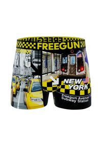 Boxers pour hommes avec des graphiques de taxis et de métros de New York, ceinture à carreaux jaune et noir portant l'inscription "FREEGUN."