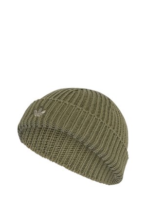Khaki knit beanie with ribbed texture, featuring a small embroidered logo on the side, designed for a snug fit and warmth.