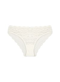Lace thong underwear in off-white, featuring wavy patterns and scalloped edges, made of a soft, breathable material.