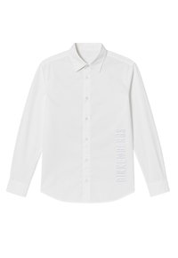 Camicia bianca a maniche lunghe realizzata in tessuto intrecciato, con colletto classico e chiusura frontale con bottoni. Sul lato è presente la scritta "BIKKEMBERGS" in rilievo in allineamento verticale.