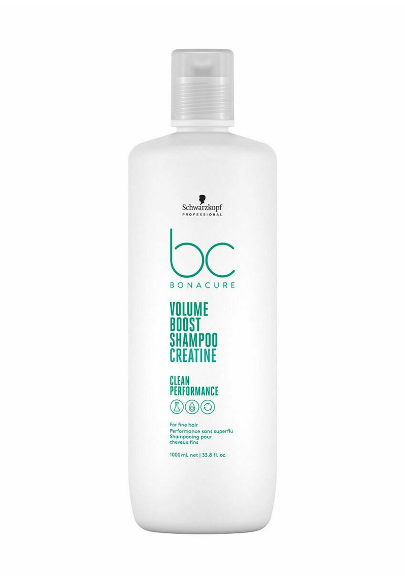 Bottiglia di shampoo in plastica bianca con pompetta, con testo verde. L'etichetta riporta "Shampoo Volume Boost Creatina" e indica 1000 mL.