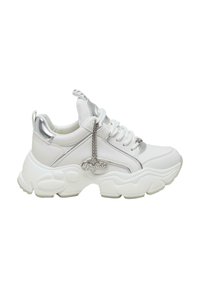 White sneaker with silver accents, featuring a chunky sole, textured leather upper, laces, and a decorative chain with a logo tag.