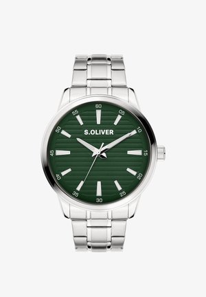 Zilveren polshorloge met een ronde groene wijzerplaat met patroon, witte uurmarkeringen en metalen wijzers. Heeft een band van roestvrij staal en een gepolijste lunette.