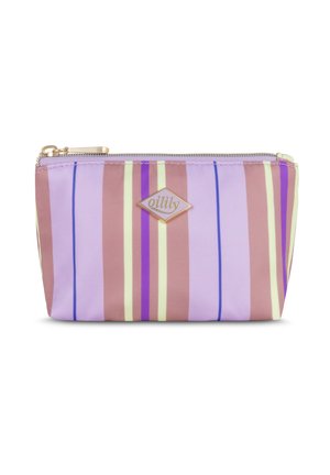 Klein rechthoekig tasje met verticale strepen in roze, paars, geel en blauw, met een gouden ritssluiting en een diamantvormig logo in het midden.