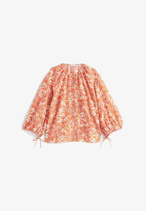 Floralbluse in Orange und Weiß mit gerafftem Ausschnitt, aufgepufften Ärmeln und Bindebändern an den Manschetten. Leichter Stoff.