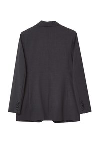 Blazer in lana grigio scuro visto da dietro, con maniche lunghe, colletto ad aletta e tre bottoni su ciascun polsino.