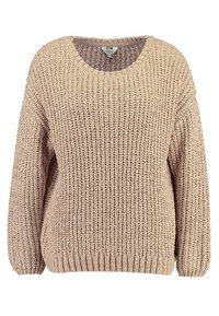 Beige pletený svetr s volným střihem, širokým kulatým výstřihem a texturovanou tkaninou. Hladké manžety a lem vylepšují design.