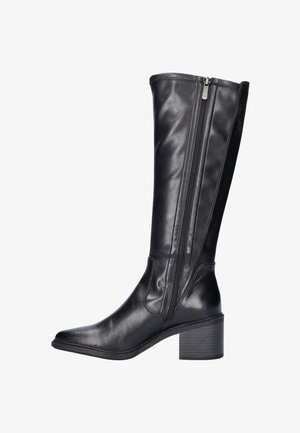 Zwarte kniehoogte laarzen van soepel leer, met een rits aan de zijkant, een puntige neus en een gestapeld blokhak.