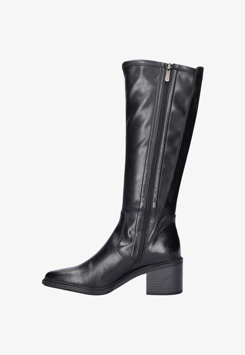 Zwarte kniehoogte laarzen van soepel leer, met een rits aan de zijkant, een puntige neus en een gestapeld blokhak.