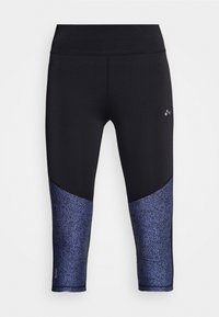 Leggings capri noirs avec un motif texturé bleu sur le bas de la jambe. Matériau extensible, texture lisse et taille haute pour un maintien optimal.
