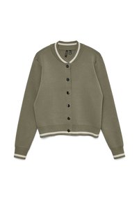 Olijfgroene cardigan van textuur gebreide stof, met een ronde hals, knoopsluiting en witte gestreepte accenten op de mouwen en de zoom.