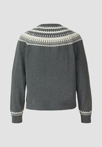Dark gray knit sweater with white geometric patterns around the yoke and sleeve cuffs, shown from the back against a plain background.