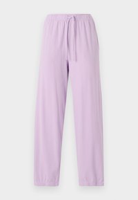 Light purple jogger pants made of soft fabric with an elasticated waistband and adjustable drawstring; tapered leg design.