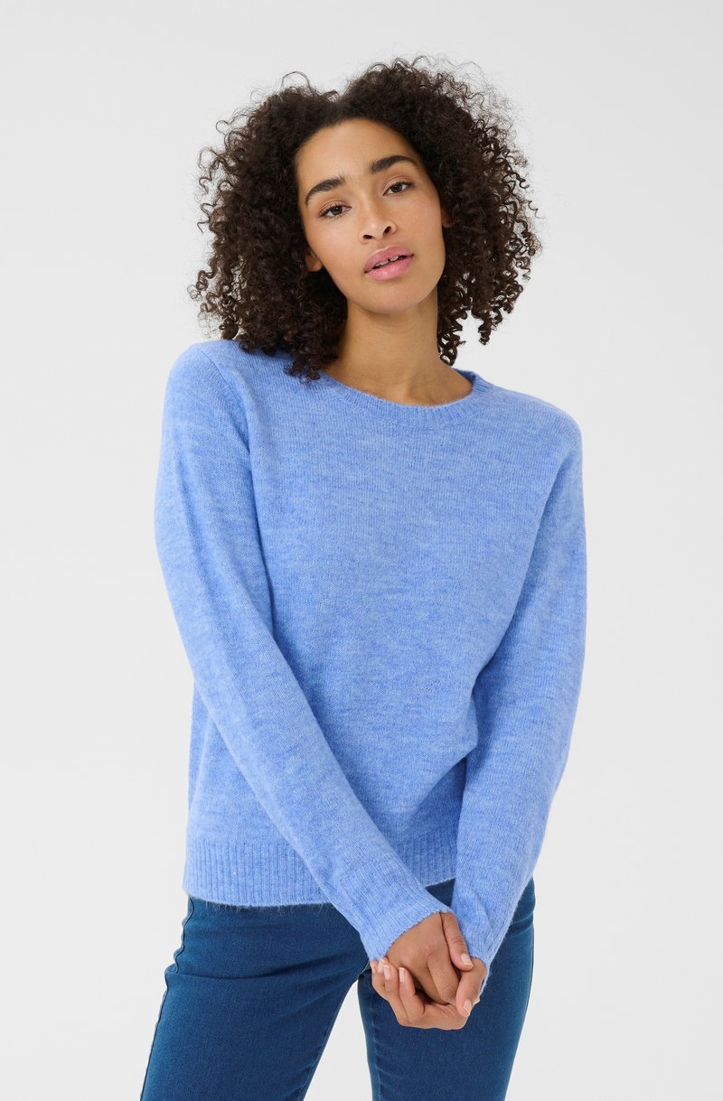 Light blue knit sweater with a round neckline, long sleeves, and ribbed cuffs. Soft texture, casual fit, styled with dark blue jeans.