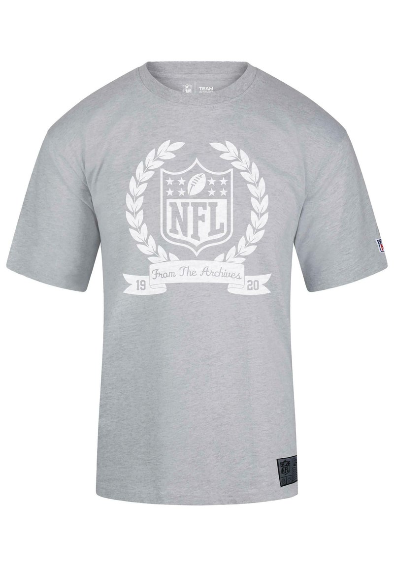 Gray short-sleeve t-shirt made of cotton, featuring a large white NFL logo with laurel accents and text: "From The Archives 19 20."
