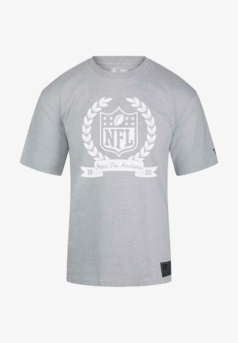 Gray short-sleeve t-shirt made of cotton, featuring a large white NFL logo with laurel accents and text: "From The Archives 19 20."