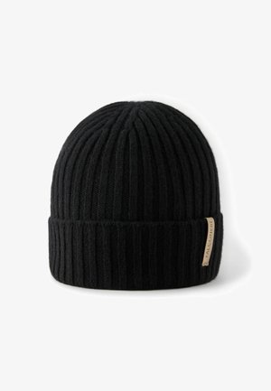 Schwarze gestrickte Mütze mit Rippenstruktur, umgeschlagenem Bund und kleinem Markenetikett an der Seite. Weiches Wollmaterial, abgerundete Oberseite.