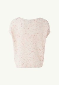 Kurzarm-Strickoberteil, leichter Stoff, rosa-weißer Sprenkelmuster, lockere Passform, runder Ausschnitt, gerippte Abschlüsse am Saum und an den Ärmeln.