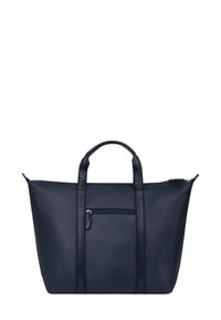 Navyblauwe totebag van textuurmateriaal, voorzien van twee stevige handvatten, een ritsluiting en een voorvak met rits.