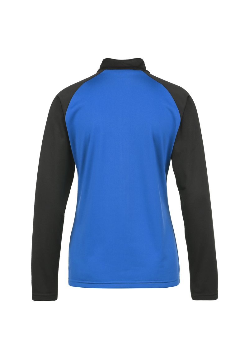 Maglietta a maniche lunghe con corpo blu e maniche nere. Presenta un colletto alto e un tessuto liscio e traspirante. Design semplice a blocchi di colore.