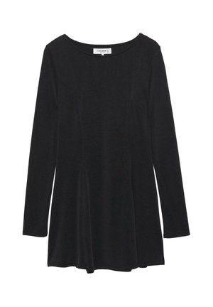 Sort langærmet kjole til kvinder med rund halsudskæring, tætsiddende talje og let slået nederdel.