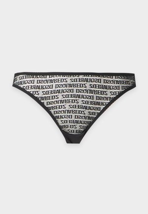 Sous-vêtements en résille noire style bikini avec un motif de texte blanc répétitif épelant "DSQUARED2" sur le tissu.
