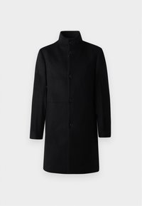 Abrigo negro de lana con un cuello alto, mangas largas, cinco botones frontales y corte recto. Sin patrones ni acentos visibles.